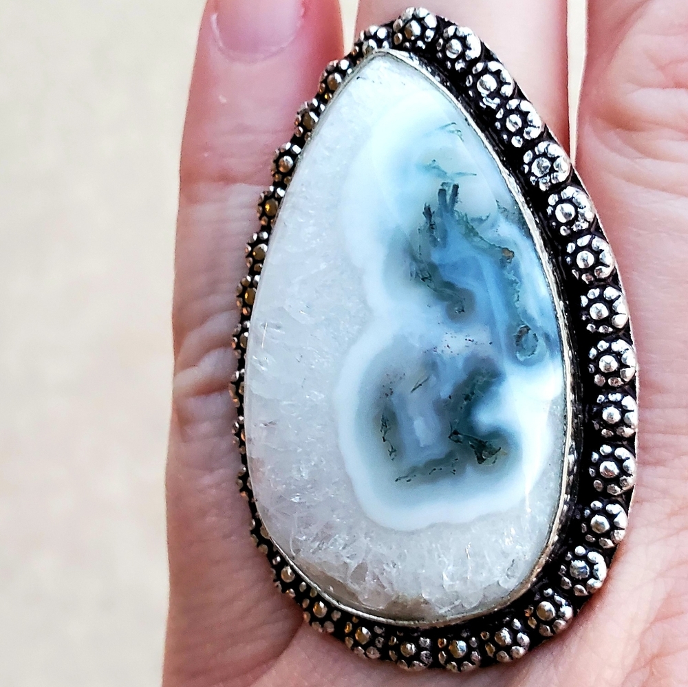 New Huge Solar Quartz Agate Druzy Silver Ring.